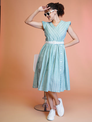 Jyoti Fashion Women's Sea Green Cotton Striped with Embroidered Belt Western Midi Dress - Distacart