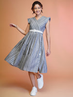 Thumbnail for Jyoti Fashion Women's Grey Cotton Striped with Embroidered Belt Western Midi Dress - Distacart