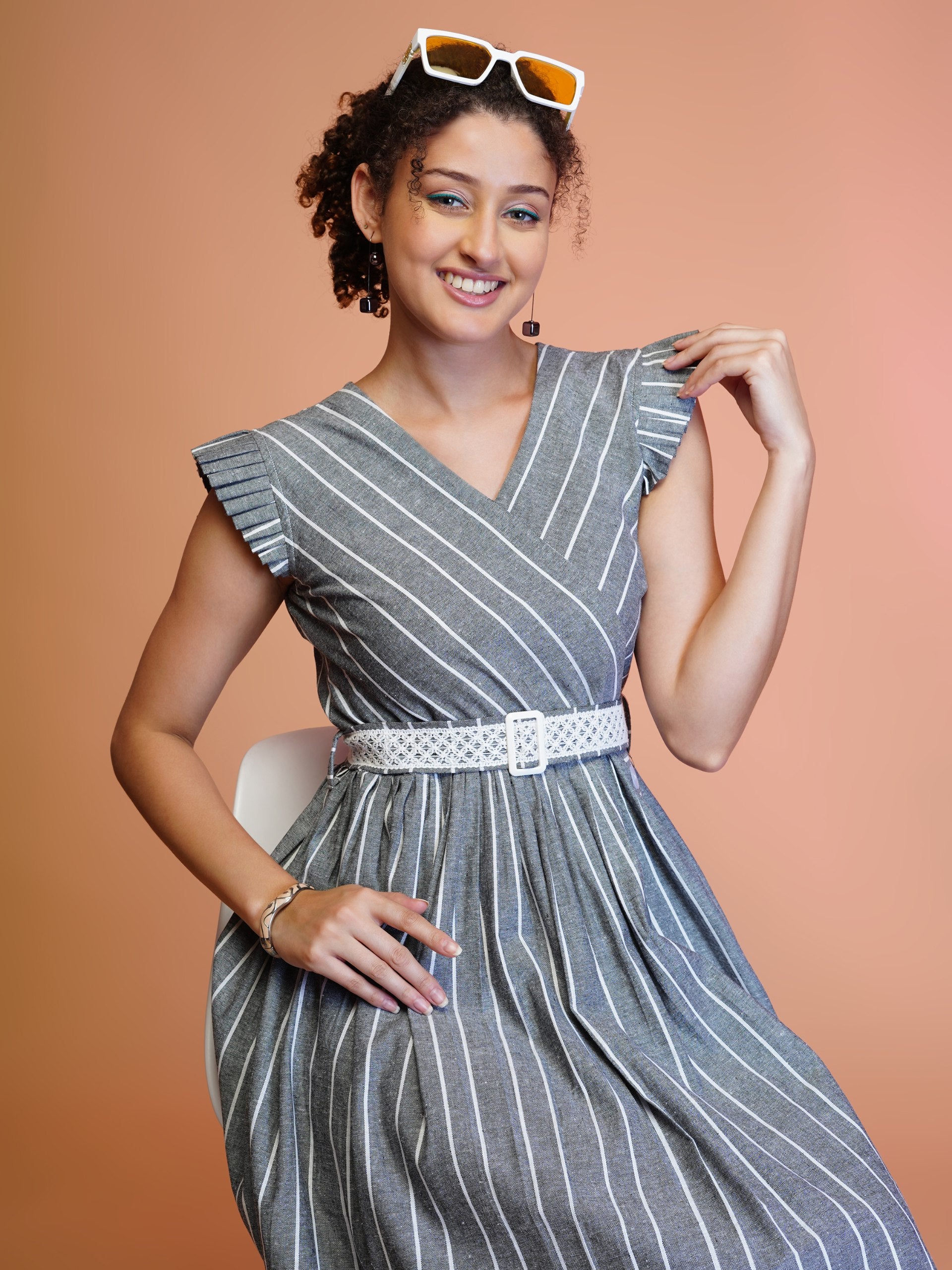 Jyoti Fashion Women's Grey Cotton Striped with Embroidered Belt Western Midi Dress - Distacart