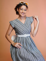 Thumbnail for Jyoti Fashion Women's Grey Cotton Striped with Embroidered Belt Western Midi Dress - Distacart