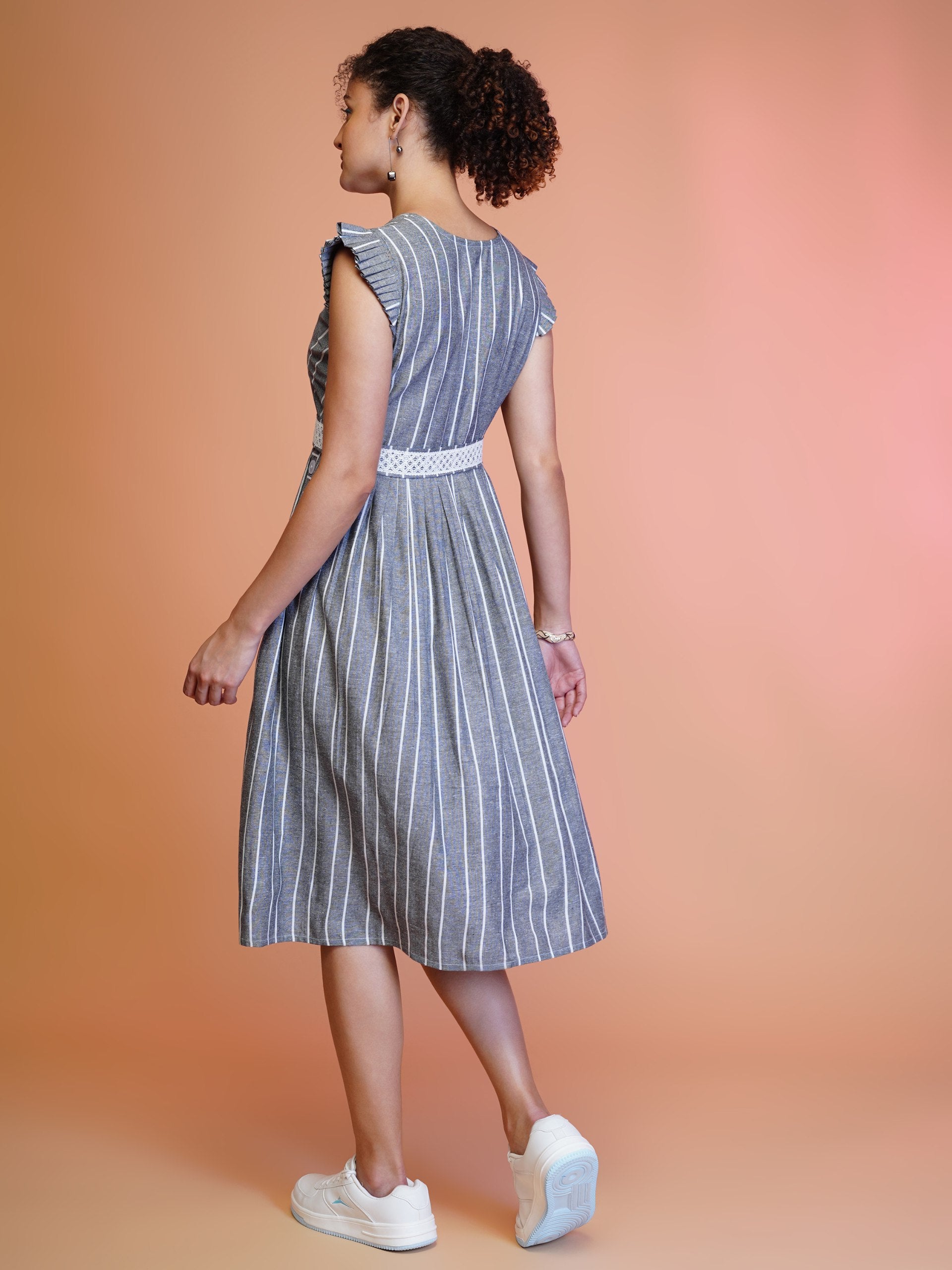Jyoti Fashion Women's Grey Cotton Striped with Embroidered Belt Western Midi Dress - Distacart