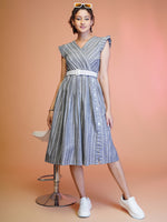 Thumbnail for Jyoti Fashion Women's Grey Cotton Striped with Embroidered Belt Western Midi Dress - Distacart
