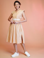 Thumbnail for Jyoti Fashion Women's Orange Cotton Striped with Embroidered Belt Western Midi Dress - Distacart