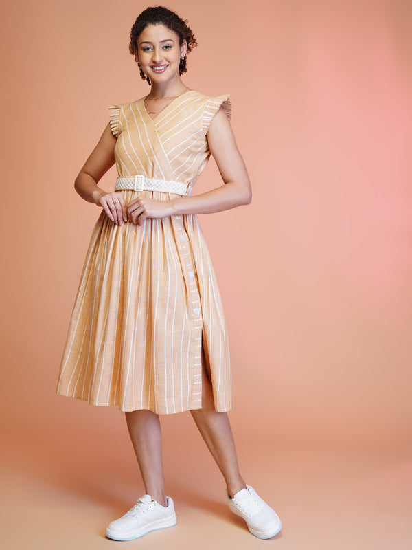 Jyoti Fashion Women's Orange Cotton Striped with Embroidered Belt Western Midi Dress - Distacart
