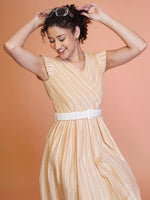 Thumbnail for Jyoti Fashion Women's Orange Cotton Striped with Embroidered Belt Western Midi Dress - Distacart