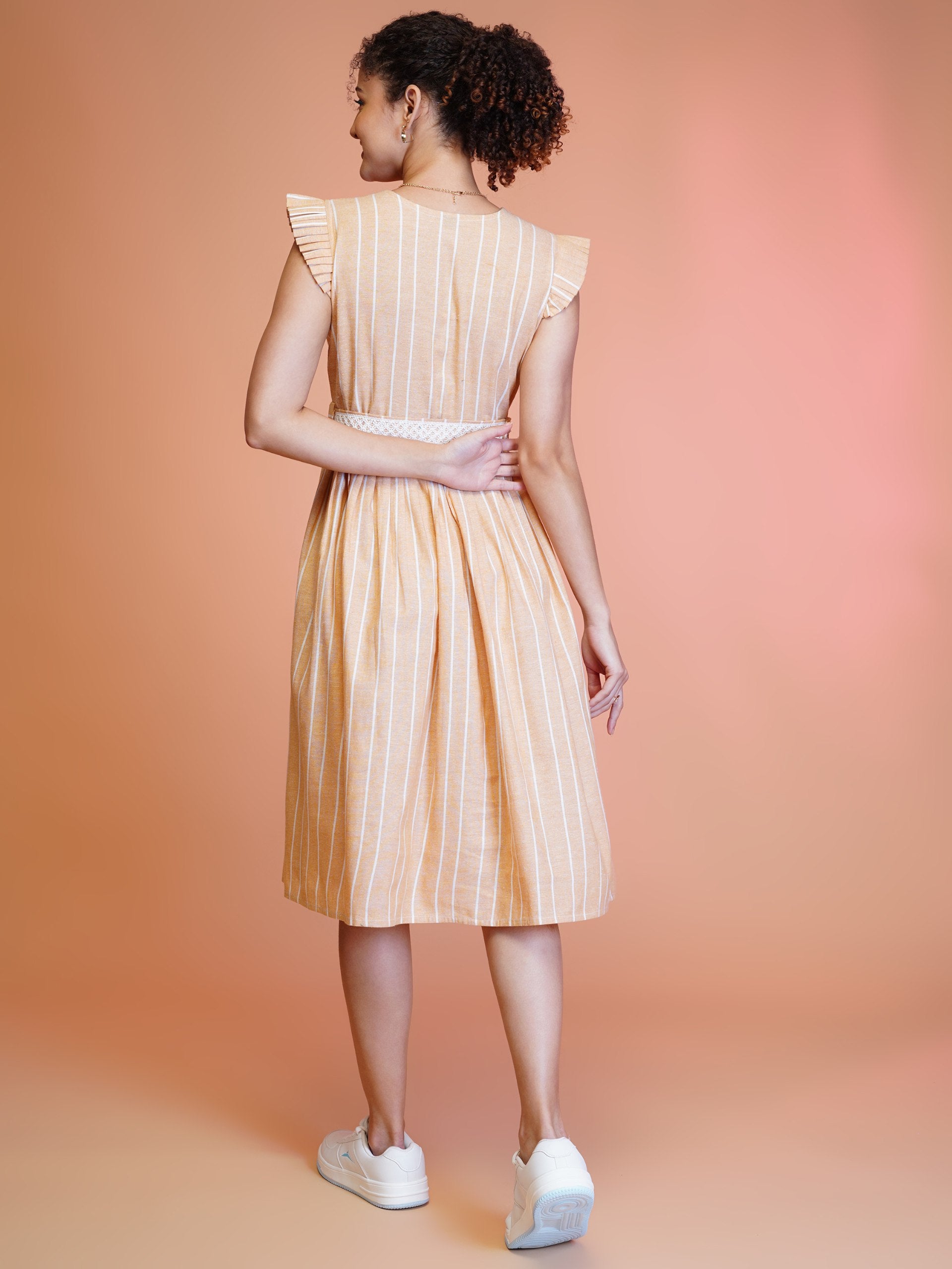 Jyoti Fashion Women's Orange Cotton Striped with Embroidered Belt Western Midi Dress - Distacart
