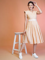 Thumbnail for Jyoti Fashion Women's Orange Cotton Striped with Embroidered Belt Western Midi Dress - Distacart