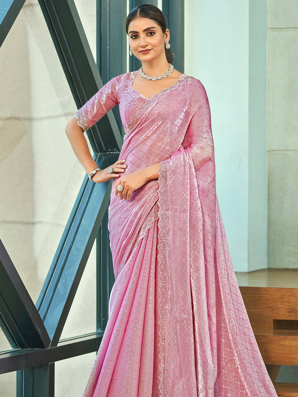 Jyoti Fashion Women's Pink Silk Blend Embellished Border with Beads & Crystal Cutwork Saree with Blouse - Distacart