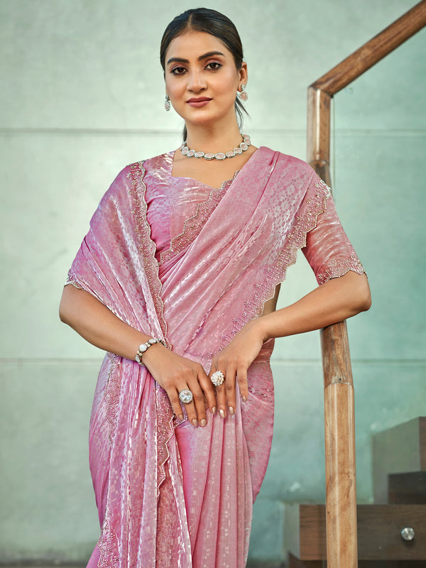 Jyoti Fashion Women's Pink Silk Blend Embellished Border with Beads & Crystal Cutwork Saree with Blouse - Distacart