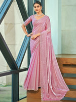 Thumbnail for Jyoti Fashion Women's Pink Silk Blend Embellished Border with Beads & Crystal Cutwork Saree with Blouse - Distacart