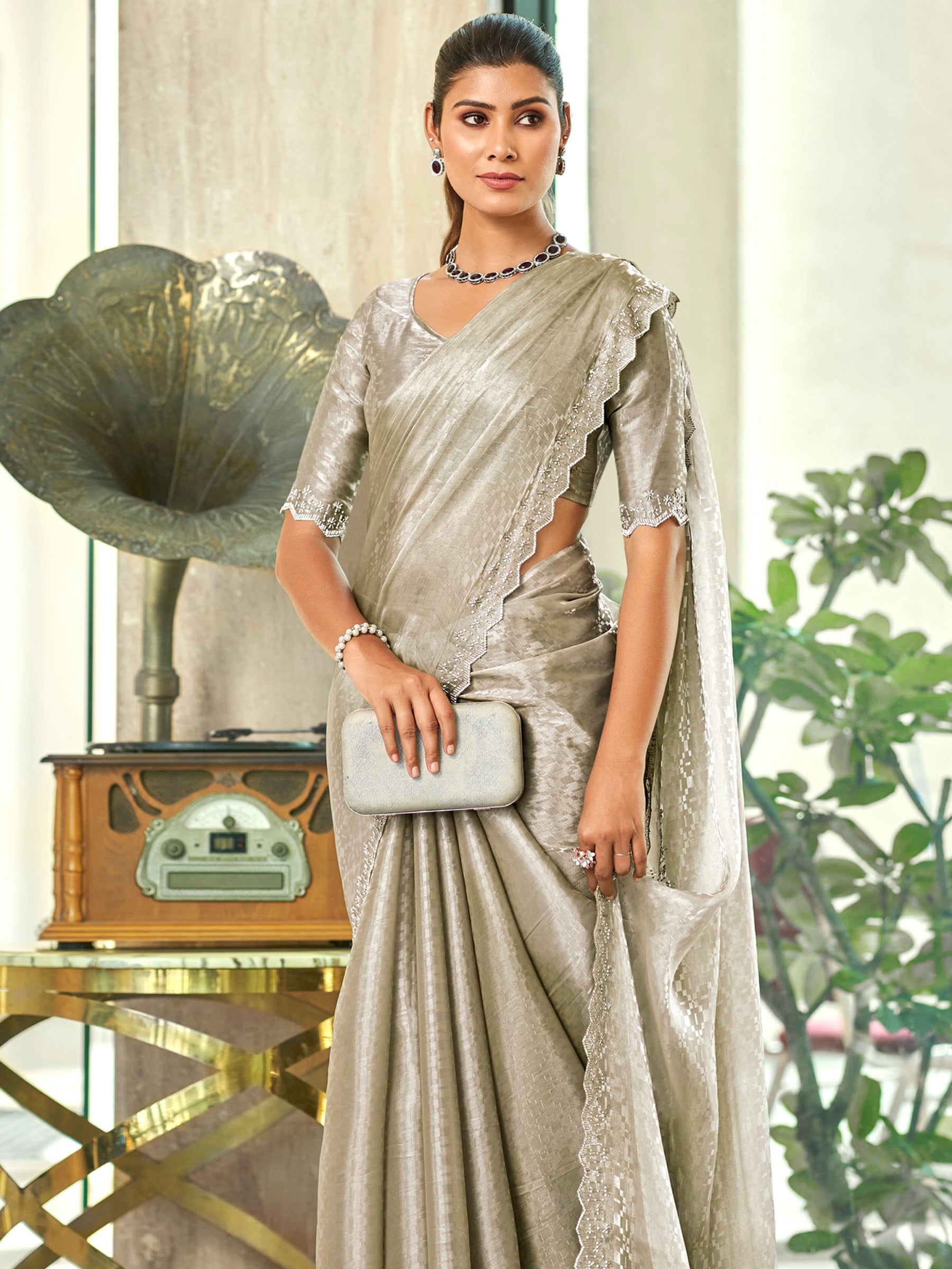 Jyoti Fashion Women's Silver Silk Blend Embellished Border with Beads & Crystal Cutwork Saree with Blouse - Distacart