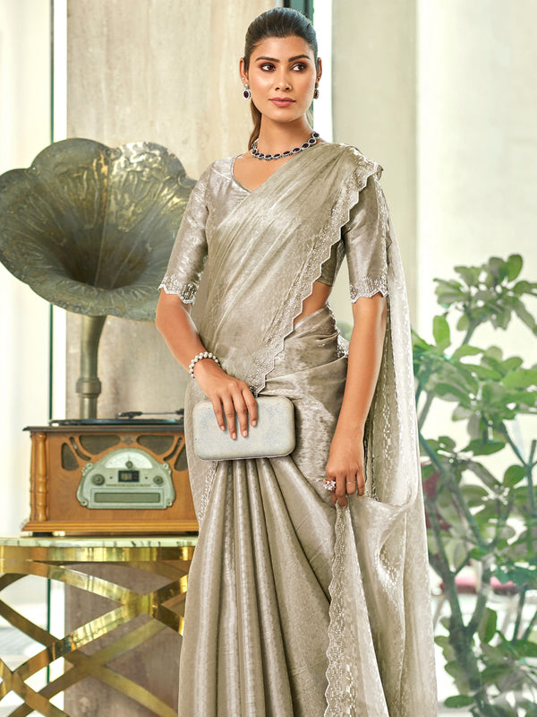 Jyoti Fashion Women's Silver Silk Blend Embellished Border with Beads & Crystal Cutwork Saree with Blouse - Distacart