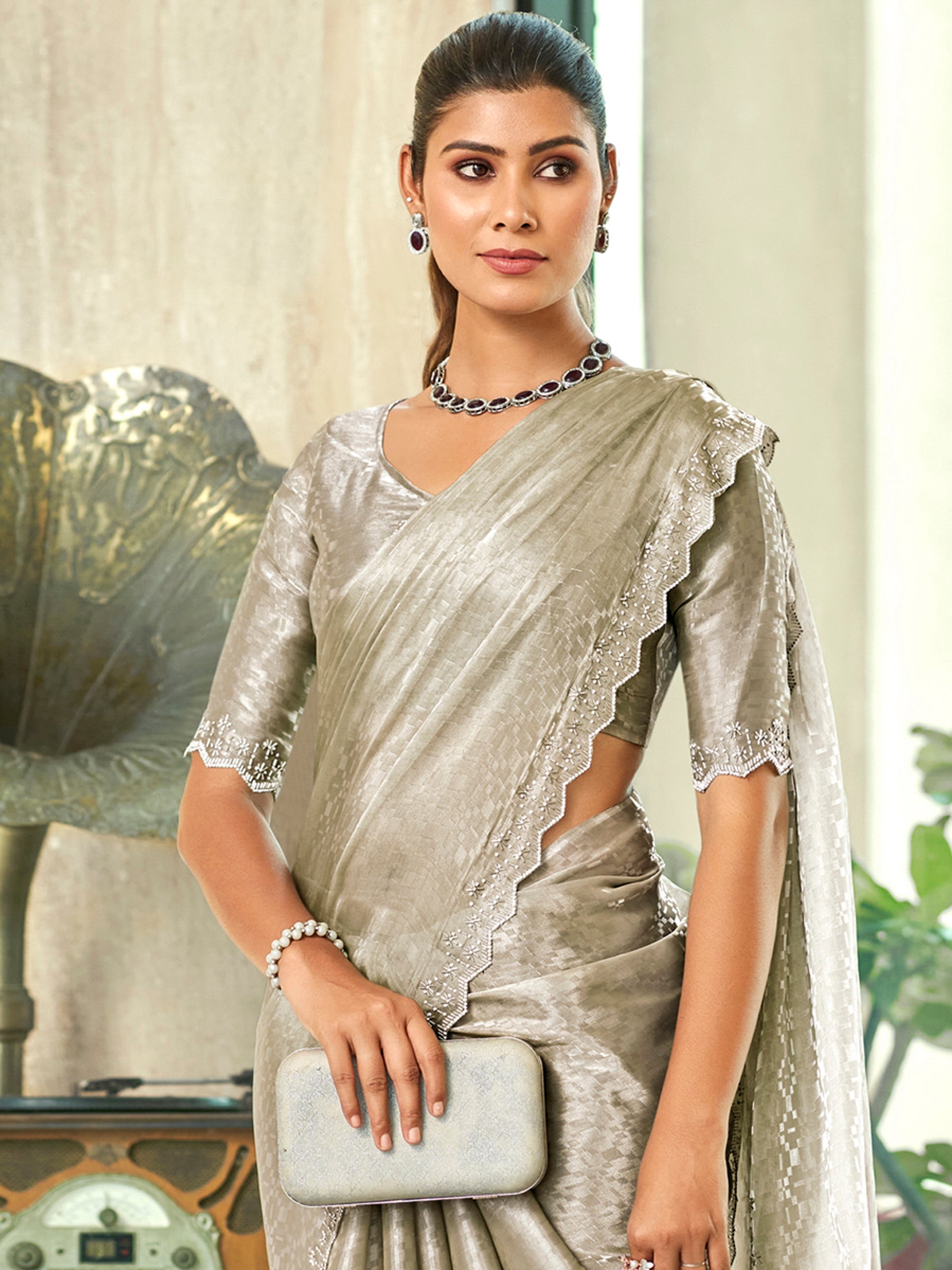 Jyoti Fashion Women's Silver Silk Blend Embellished Border with Beads & Crystal Cutwork Saree with Blouse - Distacart