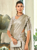 Thumbnail for Jyoti Fashion Women's Silver Silk Blend Embellished Border with Beads & Crystal Cutwork Saree with Blouse - Distacart