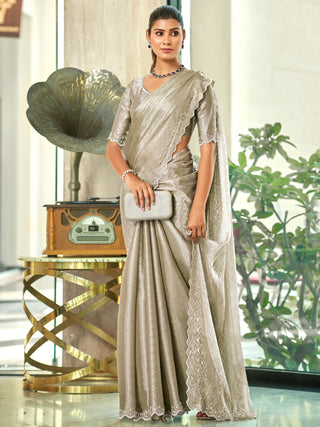 Jyoti Fashion Women's Silver Silk Blend Embellished Border with Beads & Crystal Cutwork Saree with Blouse - Distacart