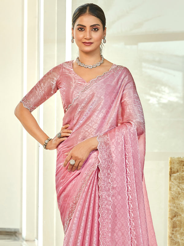 Jyoti Fashion Women's Pink Silk Blend Embellished Border with Beads & Crystal Cutwork Saree with Blouse - Distacart