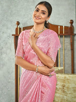 Thumbnail for Jyoti Fashion Women's Pink Silk Blend Embellished Border with Beads & Crystal Cutwork Saree with Blouse - Distacart