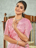 Thumbnail for Jyoti Fashion Women's Pink Silk Blend Embellished Border with Beads & Crystal Cutwork Saree with Blouse - Distacart
