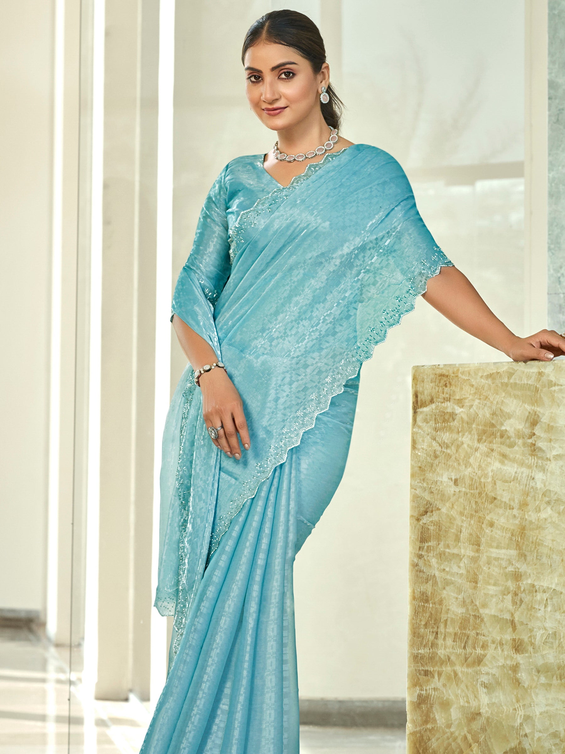 Jyoti Fashion Women's Sky Blue Silk Blend Embellished Border with Beads & Crystal Cutwork Saree with Blouse - Distacart