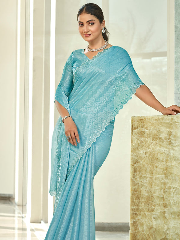 Jyoti Fashion Women's Sky Blue Silk Blend Embellished Border with Beads & Crystal Cutwork Saree with Blouse - Distacart