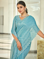 Thumbnail for Jyoti Fashion Women's Sky Blue Silk Blend Embellished Border with Beads & Crystal Cutwork Saree with Blouse - Distacart