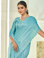 Thumbnail for Jyoti Fashion Women's Sky Blue Silk Blend Embellished Border with Beads & Crystal Cutwork Saree with Blouse - Distacart