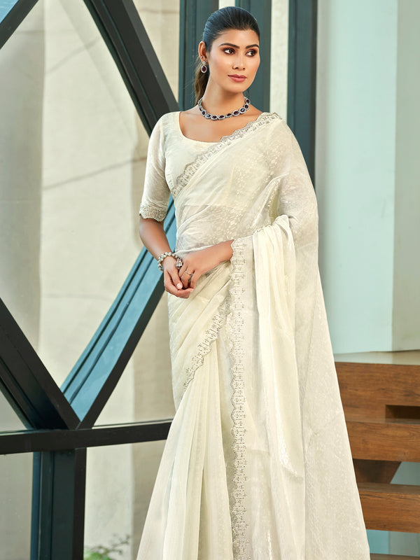 Jyoti Fashion Women's Cream Silk Blend Embellished Border with Beads & Crystal Cutwork Saree with Blouse - Distacart