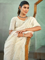 Thumbnail for Jyoti Fashion Women's Cream Silk Blend Embellished Border with Beads & Crystal Cutwork Saree with Blouse - Distacart