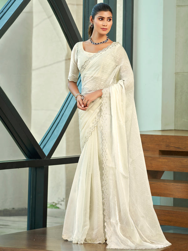 Jyoti Fashion Women's Cream Silk Blend Embellished Border with Beads & Crystal Cutwork Saree with Blouse - Distacart