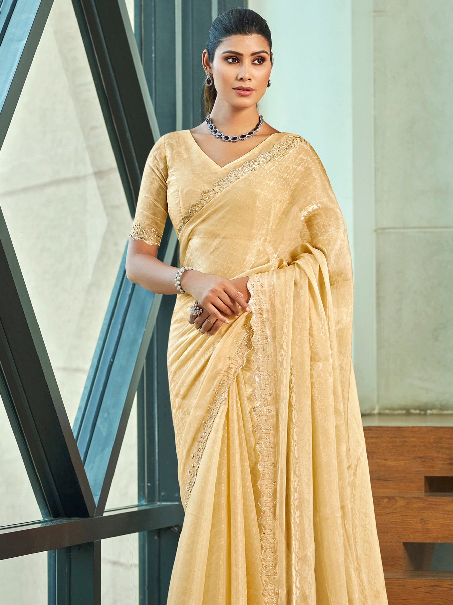 Jyoti Fashion Women's Ivory Silk Blend Embellished Border with Beads & Crystal Cutwork Saree with Blouse - Distacart