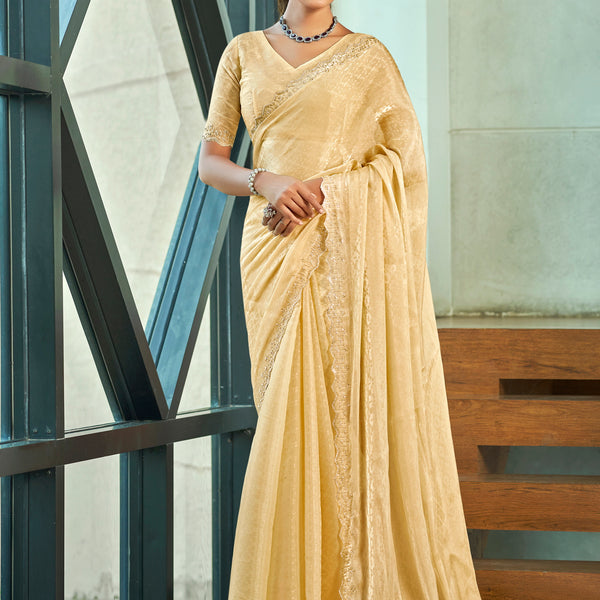 Jyoti Fashion Women's Ivory Silk Blend Embellished Border with Beads & Crystal Cutwork Saree with Blouse - Distacart