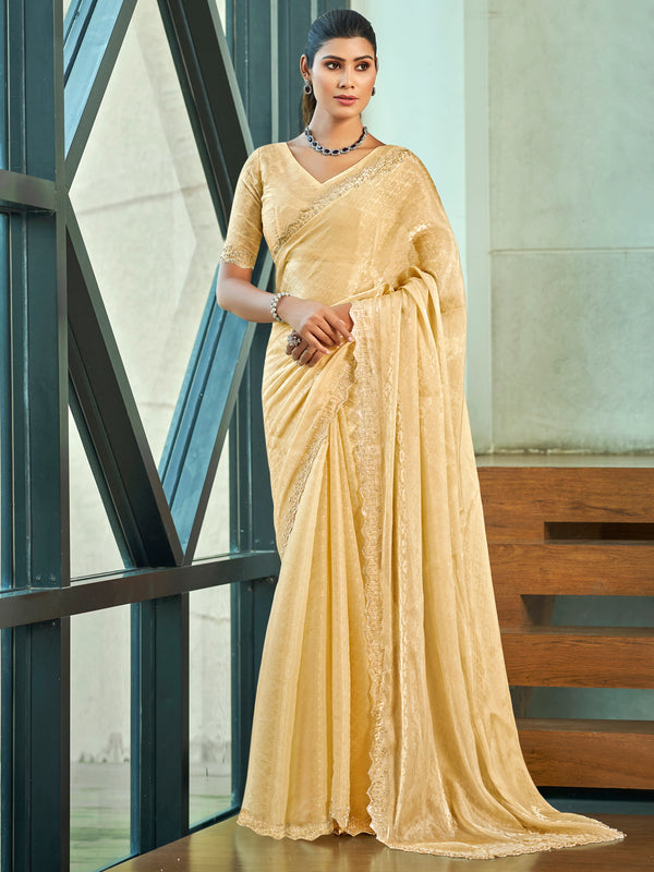 Jyoti Fashion Women's Ivory Silk Blend Embellished Border with Beads & Crystal Cutwork Saree with Blouse - Distacart
