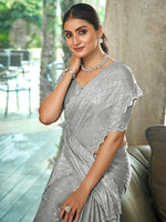 Thumbnail for Jyoti Fashion Women's Grey Silk Blend Embellished Border with Beads & Crystal Cutwork Saree with Blouse - Distacart