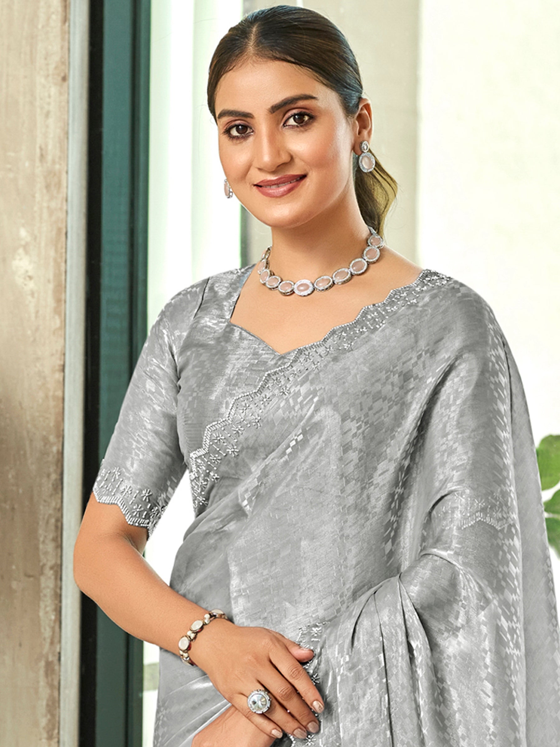 Jyoti Fashion Women's Grey Silk Blend Embellished Border with Beads & Crystal Cutwork Saree with Blouse - Distacart
