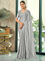 Thumbnail for Jyoti Fashion Women's Grey Silk Blend Embellished Border with Beads & Crystal Cutwork Saree with Blouse - Distacart