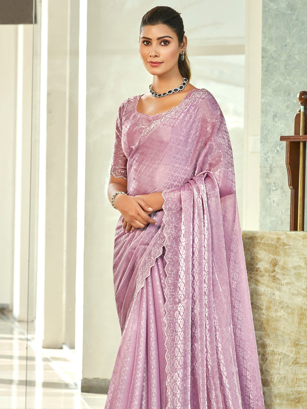 Jyoti Fashion Women's Purple Silk Blend Embellished Border with Beads & Crystal Cutwork Saree with Blouse - Distacart