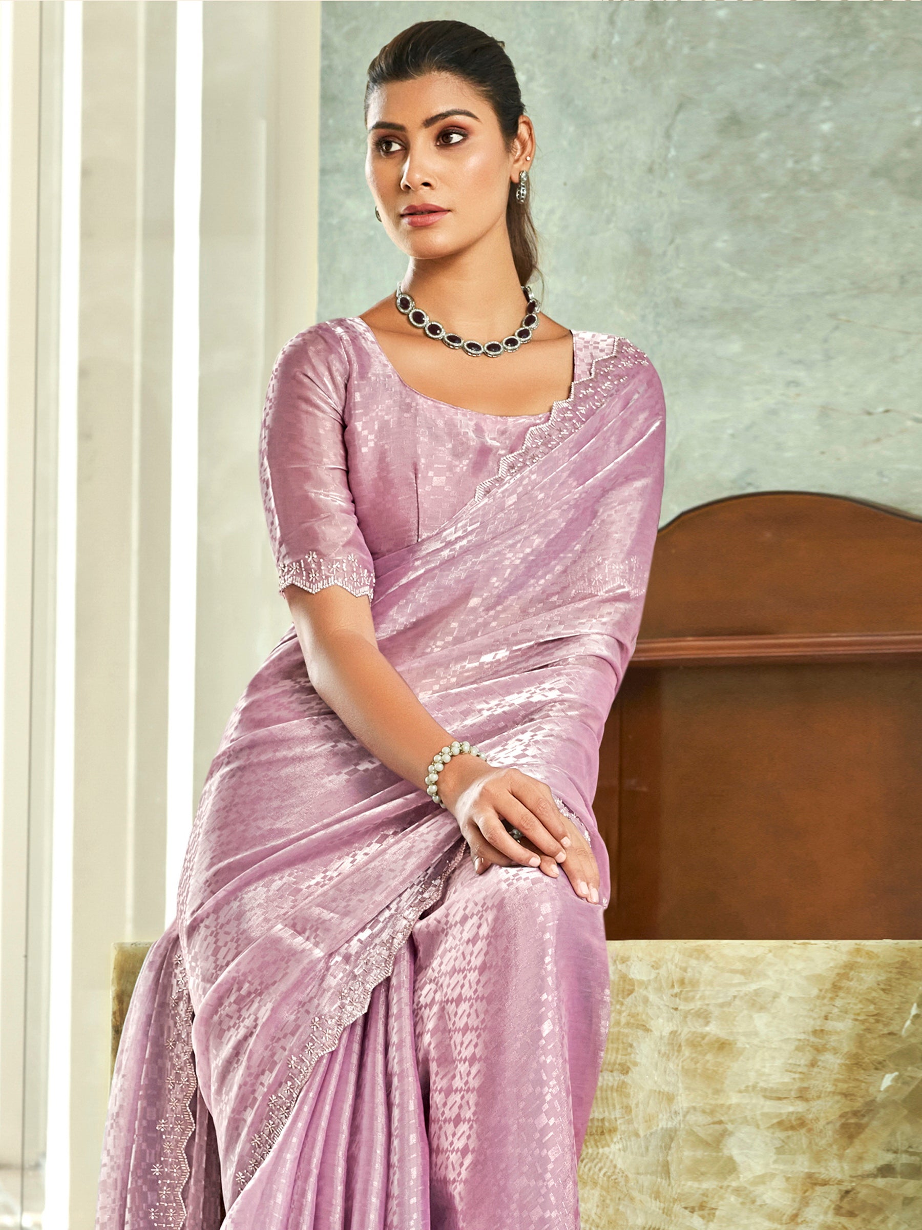 Jyoti Fashion Women's Purple Silk Blend Embellished Border with Beads & Crystal Cutwork Saree with Blouse - Distacart