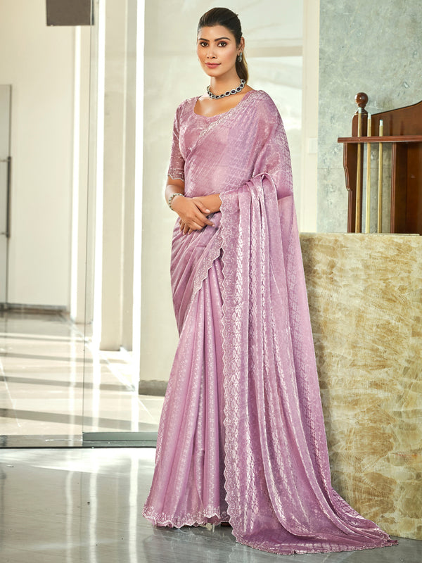 Jyoti Fashion Women's Purple Silk Blend Embellished Border with Beads & Crystal Cutwork Saree with Blouse - Distacart