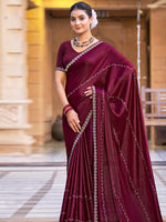 Thumbnail for Jyoti Fashion Women's Maroon Shimmer Chiffon Embellished Border with Crystal Lines Saree with Blouse - Distacart