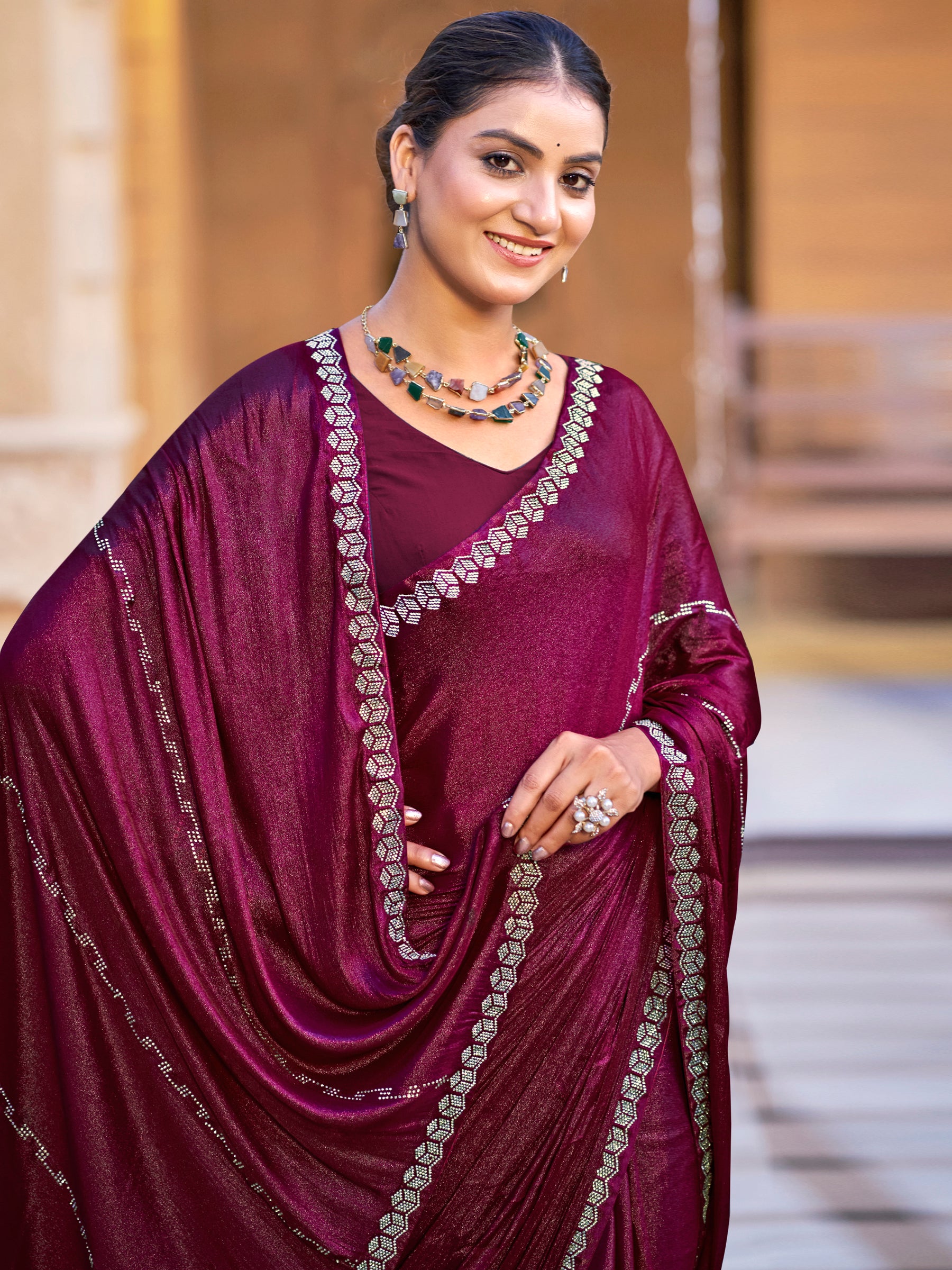 Jyoti Fashion Women's Maroon Shimmer Chiffon Embellished Border with Crystal Lines Saree with Blouse - Distacart