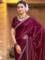 Thumbnail for Jyoti Fashion Women's Maroon Shimmer Chiffon Embellished Border with Crystal Lines Saree with Blouse - Distacart