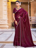 Thumbnail for Jyoti Fashion Women's Maroon Shimmer Chiffon Embellished Border with Crystal Lines Saree with Blouse - Distacart