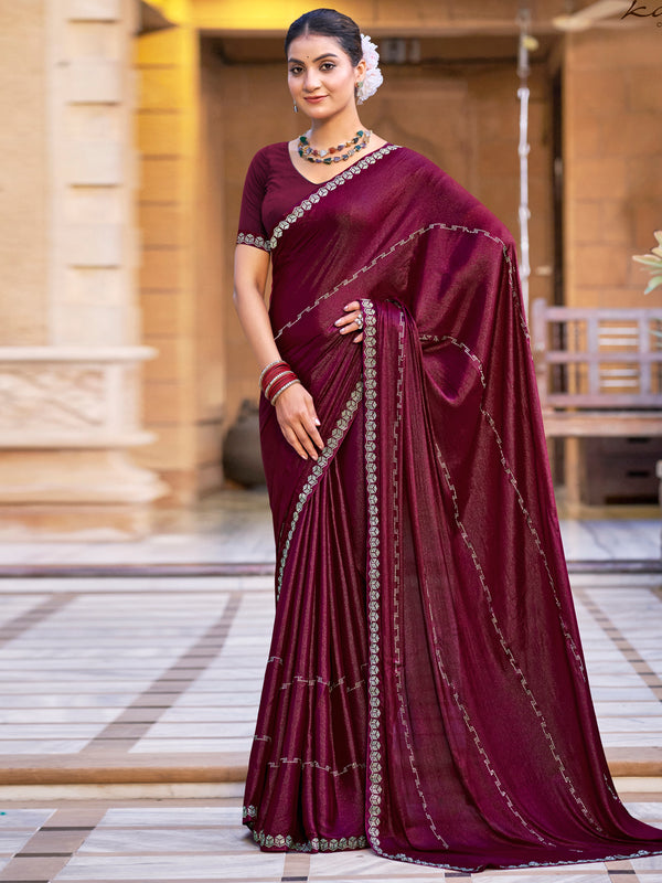 Jyoti Fashion Women's Maroon Shimmer Chiffon Embellished Border with Crystal Lines Saree with Blouse - Distacart