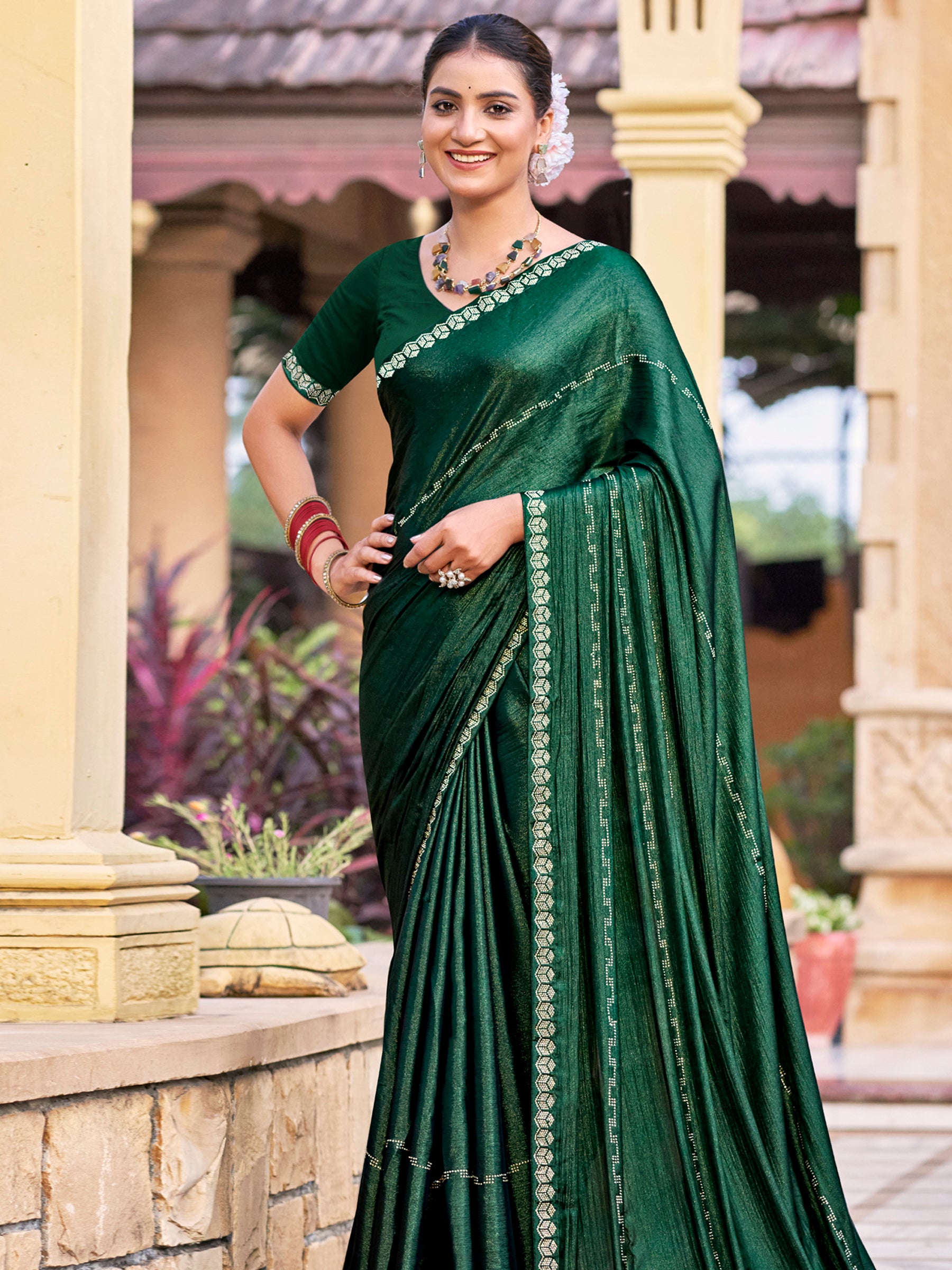 Jyoti Fashion Women's Green Shimmer Chiffon Embellished Border with Crystal Lines Saree with Blouse - Distacart