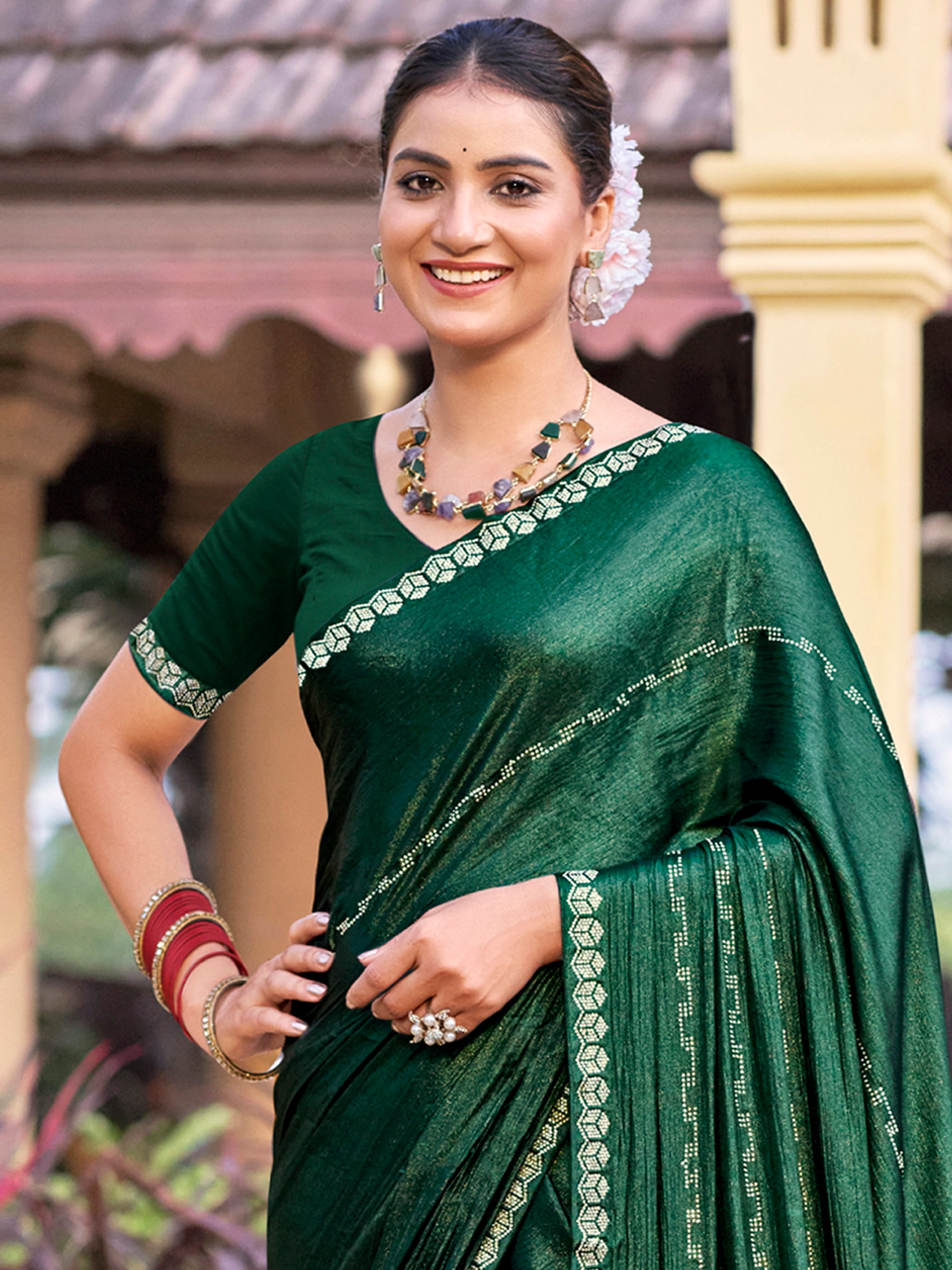 Jyoti Fashion Women's Green Shimmer Chiffon Embellished Border with Crystal Lines Saree with Blouse - Distacart