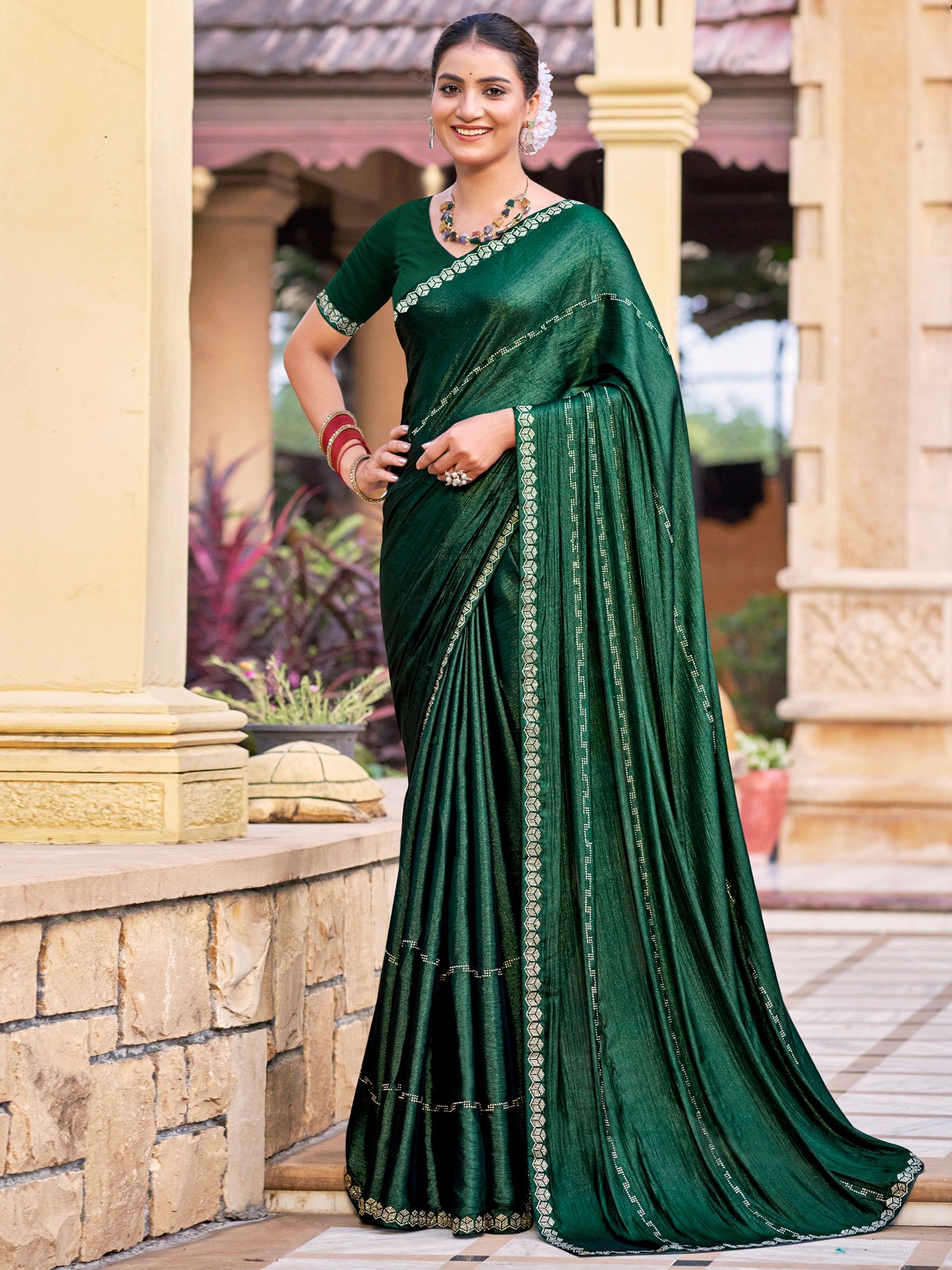 Jyoti Fashion Women's Green Shimmer Chiffon Embellished Border with Crystal Lines Saree with Blouse - Distacart