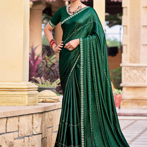 Jyoti Fashion Women's Green Shimmer Chiffon Embellished Border with Crystal Lines Saree with Blouse - Distacart