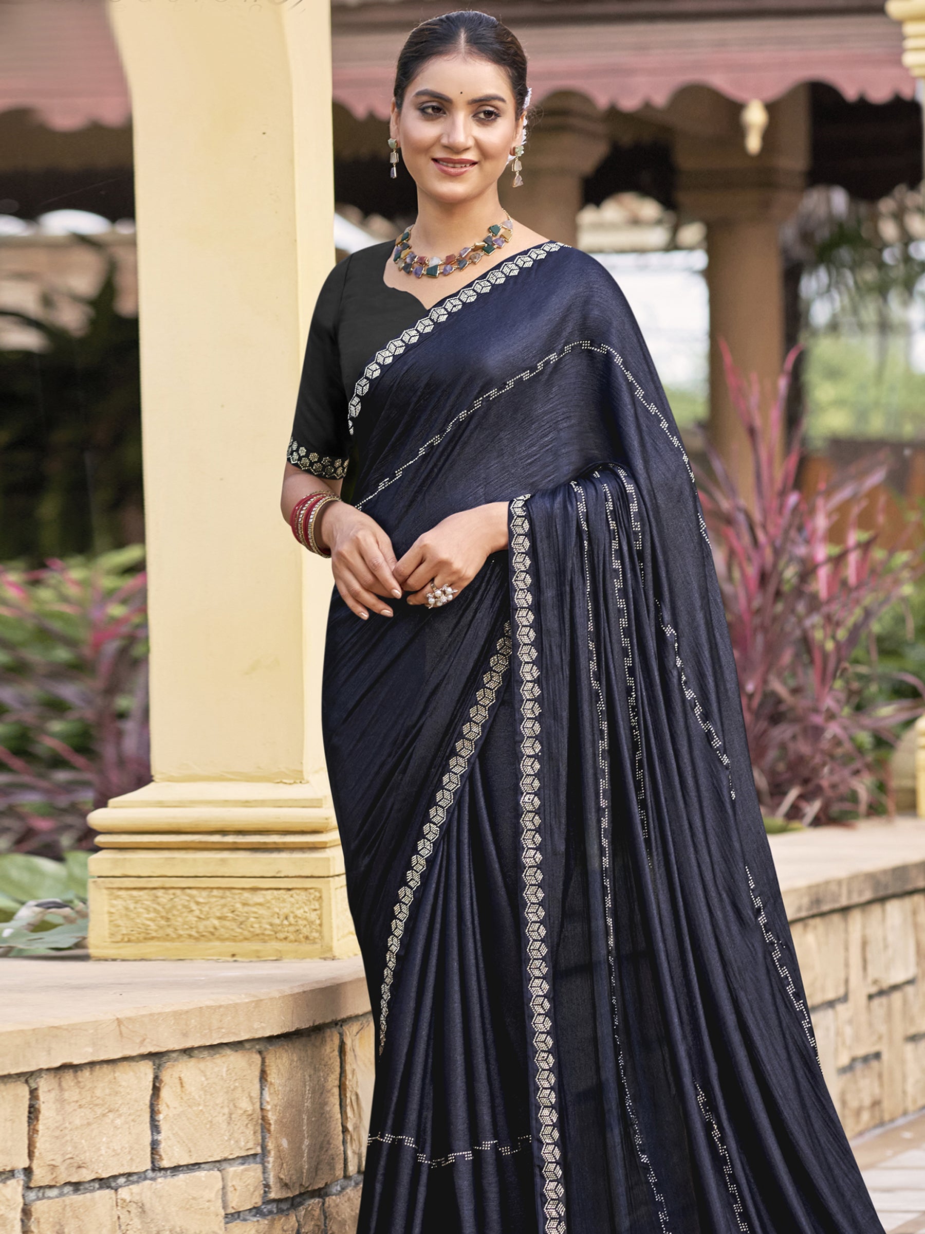 Jyoti Fashion Women's Mid Night Blue Shimmer Chiffon Embellished Border with Crystal Lines Saree with Blouse - Distacart