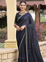 Thumbnail for Jyoti Fashion Women's Mid Night Blue Shimmer Chiffon Embellished Border with Crystal Lines Saree with Blouse - Distacart