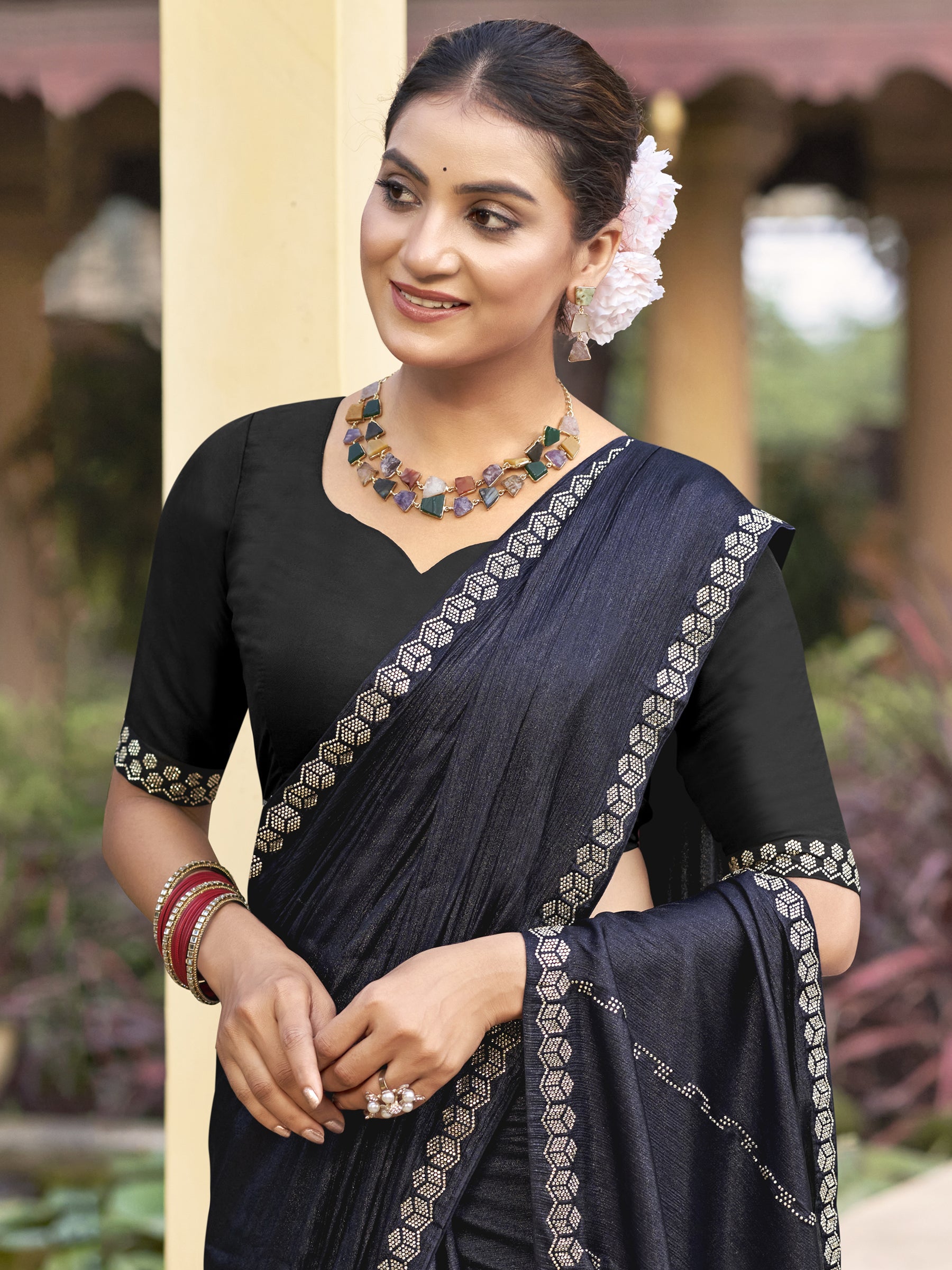 Jyoti Fashion Women's Mid Night Blue Shimmer Chiffon Embellished Border with Crystal Lines Saree with Blouse - Distacart